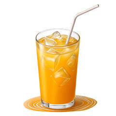 Ai generated image of a tall glass filled with cold orange juice and ice cubes, complete with a straw, resting on a decorative coaster, isolated on a transparent background
