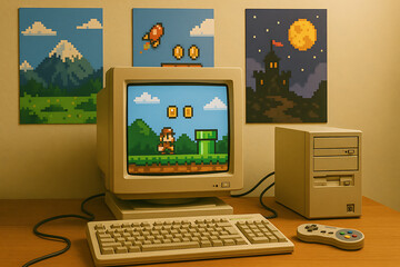 Retro vintage computer with CRT monitor showing pixel video game graphics, classic gaming console controller on desk, nostalgic 8 bit arcade artwork wall decor, old school technology gaming nostalgia 
