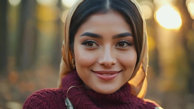 A portrait of a young woman with a hijab smiling warmly outdoors, with sunlight creating a beautiful atmosphere