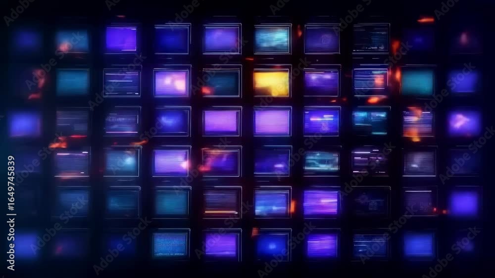 Poster multiple digital screens with dynamic blue and purple color palette, arranged in grid formation with