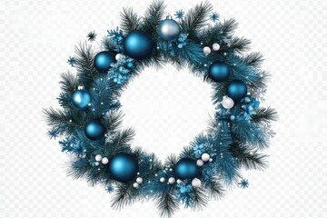 Elegant blue christmas wreath with ornaments and pine needles