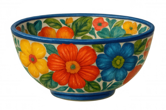 Colorful ceramic bowl with intricate floral pattern, presenting elegant tableware design against clean transparent backdrop, highlighting kitchenware aesthetic