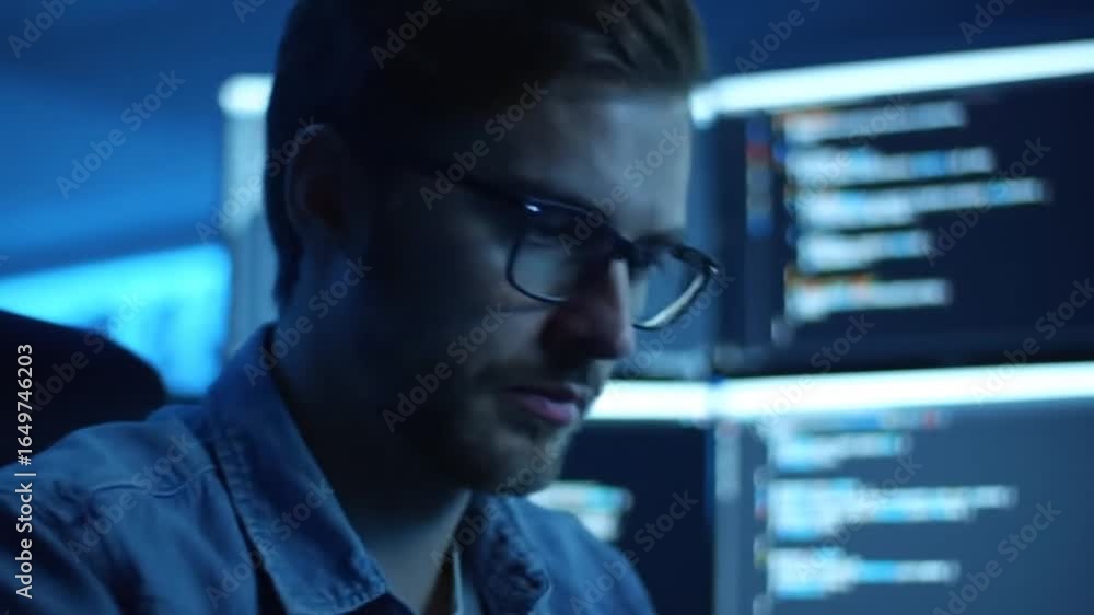 Poster young man coding with glasses in a blue lit room with multiple computer screens
