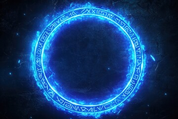 Mystical blue energy circle with ancient runes and stars