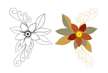 Pair of Stylized Floral Corner Designs, One in Elegant Black Outline with Swirls, the Other in Warm Autumnal Colors, Decorative Elements for Borders, Invitations, and Creative Graphic Projects on Whit