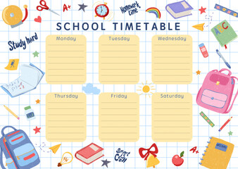 Colorful school timetable with cute doodle stationery and school supplies on checkered notebook paper. Weekly planner template for kids, students, teachers. Vector hand drawn childlike illustration