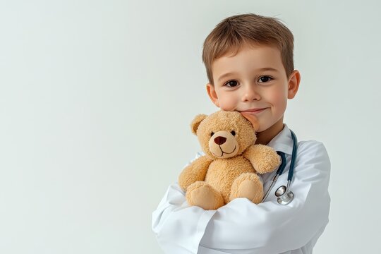 Young boy dressed as doctor holding teddy bear