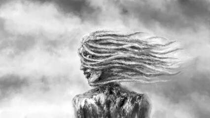 Creepy witch girl face. Goddess of darkness. Horror fantasy illustration. Evil queen looking. Spooky female face with scary eye. Gloomy character concept art.