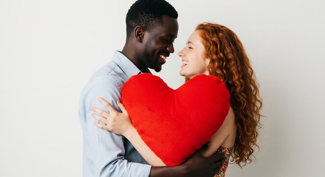 Happy couple lovingly embraces heart shaped pillow soft light. AI Generated