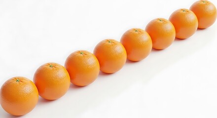 A diagonal row of fresh ripe oranges isolated on a clean white background with copy space.