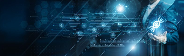 Businessman holding building of biotechnology innovation, genetics DNA research bioengineering...