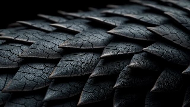 Close-up of dark dragon scales with rough textures and sharp overlapping patterns, creating an armored reptilian appearance