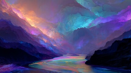vast canyon landscape made of layered luminous light and colors, glowing river flowing at the bottom in vibrant hues, abstract cosmic scenery, ethereal atmosphere 