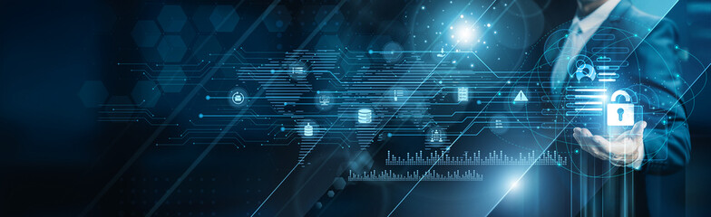 Businessman holding building of data privacy solutions, encryption anonymization compliance consent...