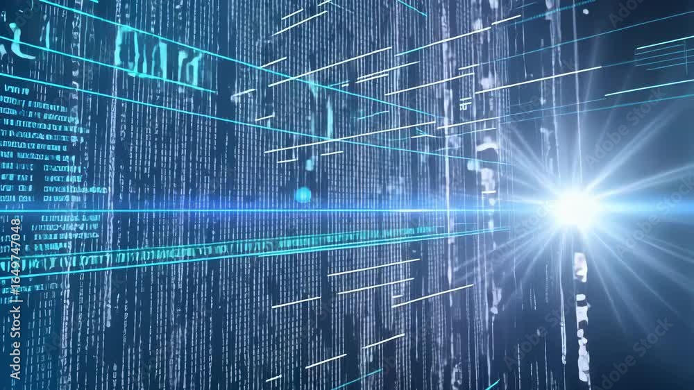 Poster abstract technological background with blue matrix code lines, geometric grid structure, bright lens
