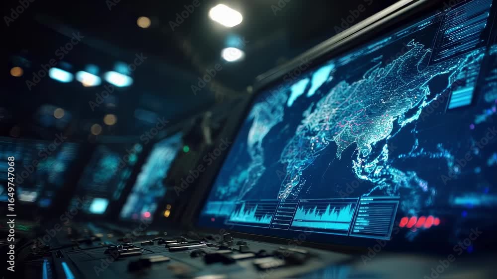 Poster medium shot of an aipowered command center control panel glowing in dim light showing a primary miss