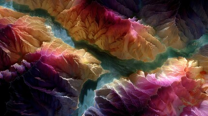 giant canyon formed from translucent waves of radiant light, glowing multicolored river winding through, surreal cosmic terrain, ultra detailed, dreamlike 