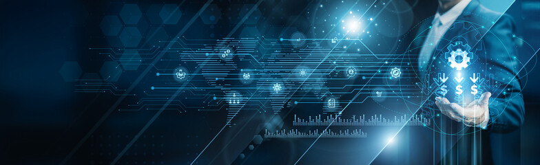 Businessman holding building of ERP solutions, enterprise resource planning integration finance...
