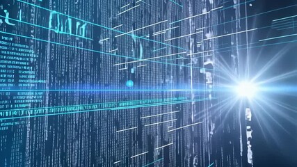 Abstract technological background with blue matrix code lines, geometric grid structure, bright lens flare. Complex data flow visualization with interconnected digital lines and luminous point - Powered by Adobe