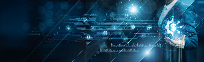 Businessman holding building of FinTech platforms, digital banking mobile payments blockchain...