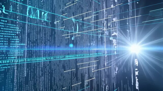 Abstract technological background with blue matrix code lines, geometric grid structure, bright lens flare. Complex data flow visualization with interconnected digital lines and luminous point - Powered by Adobe