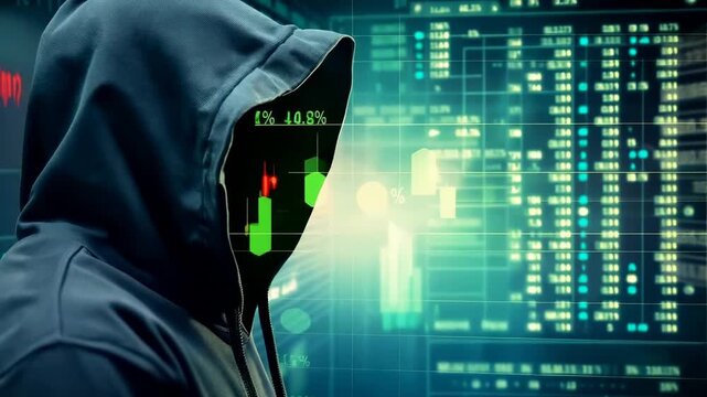 Hooded figure with obscured face stands near digital financial charts and percentage indicators, representing cybersecurity threat and data manipulation in digital environment
