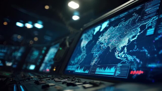 Medium shot of an AIpowered command center control panel glowing in dim light showing a primary mission plan crystal clear with faintly blurred data streams and war game iterations