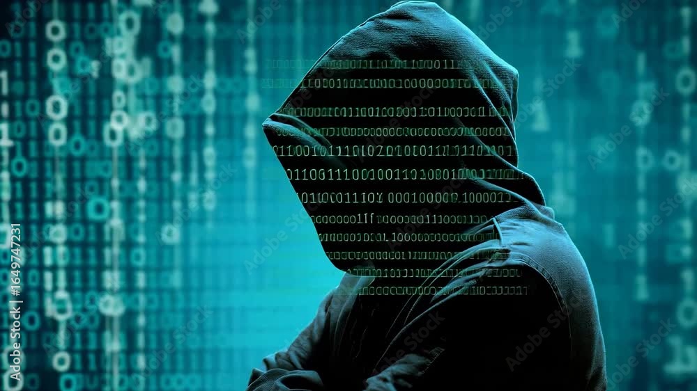 Poster hooded figure with binary code overlay representing digital anonymity and cyber risk. dark silhouett
