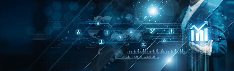 Businessman holding building of investment strategies, portfolio management risk analysis forecasting returns automation financial planning capital markets growth, and wealth optimization.