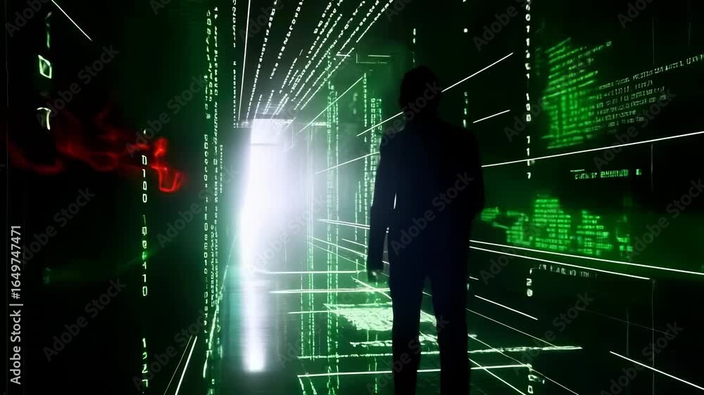 Poster silhouette explores abstract digital environment with matrix code, bright vertical light beam, green
