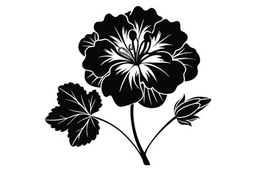 Black and White Graphic Illustration of a Geranium Flower with Bud and Leaf Design