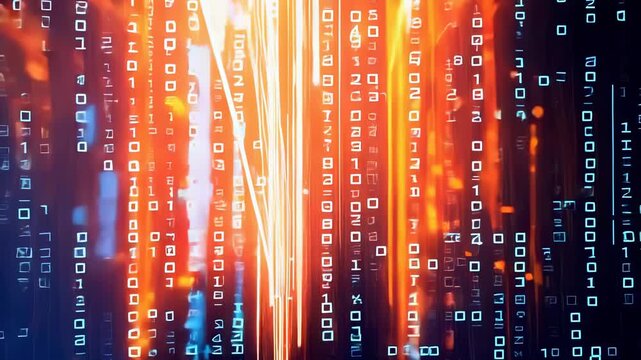 Abstract digital background with binary code numbers in blue, red, and orange colors. Vertical streams of numeric data with blurred motion effect. Dynamic technology visualization