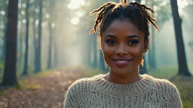 A portrait of a smiling woman in a forest, embracing the beauty of nature. She looks directly at the viewer, exuding warmth and happiness