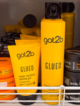 Got2b Glued Water Resistant Spiking Gel and Blasting Freeze Spray Hair Styling Products Displayed on Store Shelf, Dnipro, Ukraine - June 20, 2025