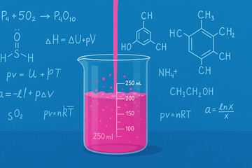 Chemistry laboratory experiment with beaker and equations. Scientific research analysis. Chemical reaction solution measurement. Education science concept with formulas and molecules background.