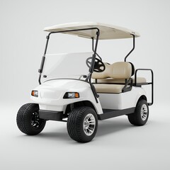 Modern White Electric Golf Cart with Tan Leather Seats and Four-Passenger Seating Rear Flip Seat Kit Isolated on White Background for Commercial Utility