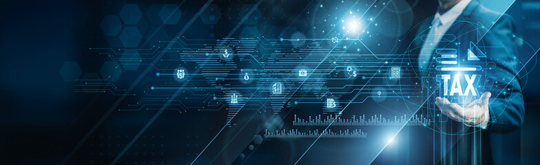 Businessman holding building of tax compliance, documentation filing auditing automation reporting...