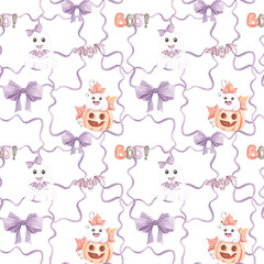 Watercolor Halloween seamless pattern, Orange checkered Pumpkin pattern, Cute Ghost scrapbook paper, Digital Paper, Spooky Backgrounds.Autumn holiday, October 31. Orange, purple. Festive bows.