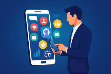 Businessman smartphone mobile app social media communication technology digital marketing finance networking illustration corporate professional online connection internet concept user interface busin
