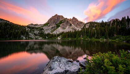 Serene mountain lake at sunset.