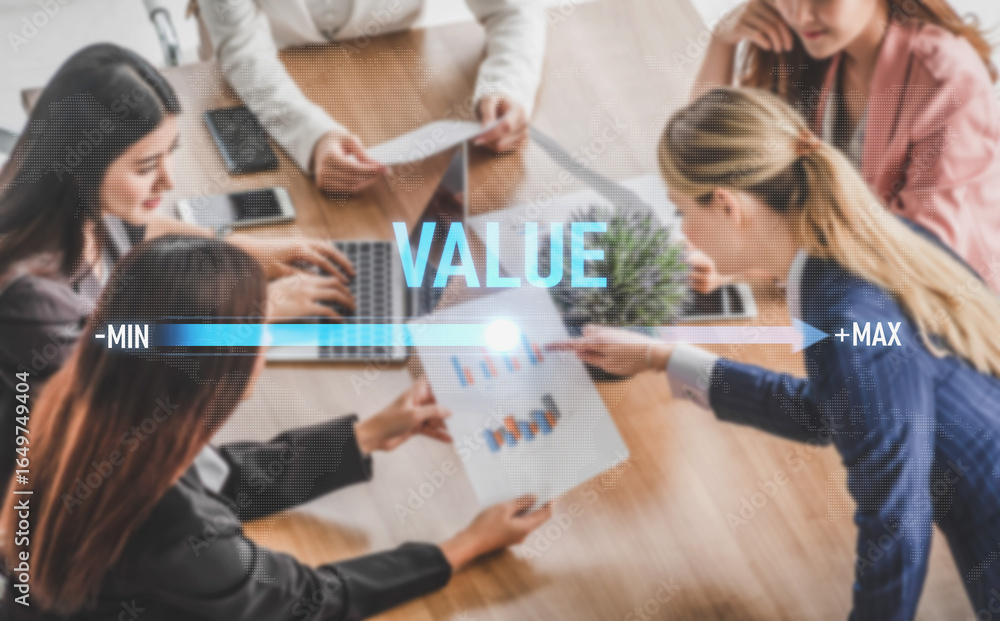Aufkleber value measurement and adjustment concept showing value, performance, and optimization level with foc