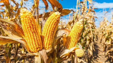 Golden corn cobs growing in a field under a bright blue sky, surrounded by dry corn stalks, showcasing the beauty of agricultural harvest and nature's bounty