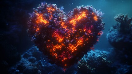 Fototapeta premium A surreal deep-sea heart made of coral and glowing bioluminescent lights, underwater fantasy