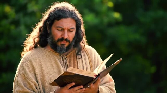 Jesus christ reading the holy bible outdoors in the sunlight