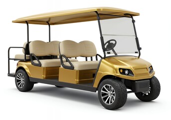 Luxurious Golden Six-Seater Electric Golf Cart with Cream Interior and Canopy, Isolated on White Background for Resort and Hospitality Transportation