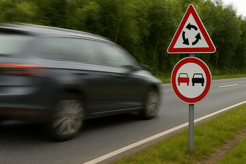Car driving past road signs roundabout warning and no overtaking restriction traffic symbol countryside road safety transport highway regulation travel concept vehicle motion blurred speed transportat