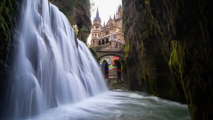 Waterfall cascading past a fairytale castle with colorful arches, set between mossy cliffs in a mystical landscape.