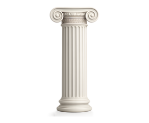 Elegant white ionic column with detailed capital and fluted shaft representing classical architecture and ancient greek design isolated on transparent background