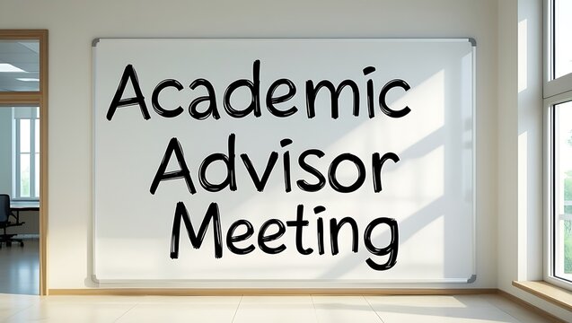 Academic advisor meeting written on a whiteboard in a bright room