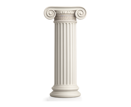 Elegant white ionic column with detailed capital and fluted shaft representing classical architecture and ancient greek design isolated on transparent background